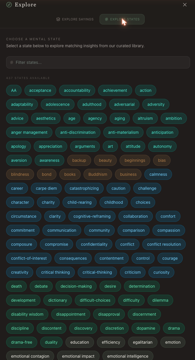 The Explore States screen, showing a large searchable library of mental states like calmness, courage, and discipline.