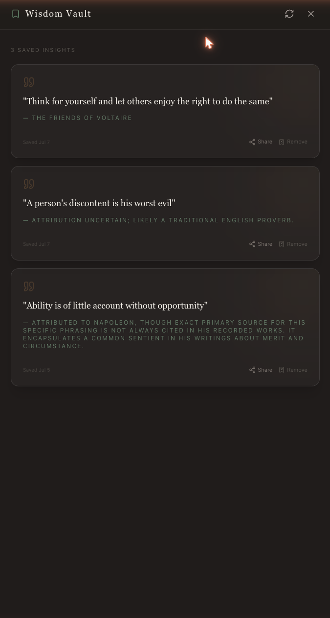 The Wisdom Vault screen, showing a personal collection of saved sayings.