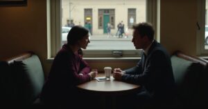 Two people in quiet conversation at a cafe table
