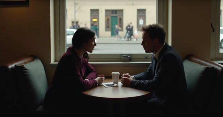 Two people in quiet conversation at a cafe table