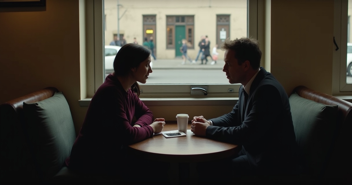 Two people in quiet conversation at a cafe table