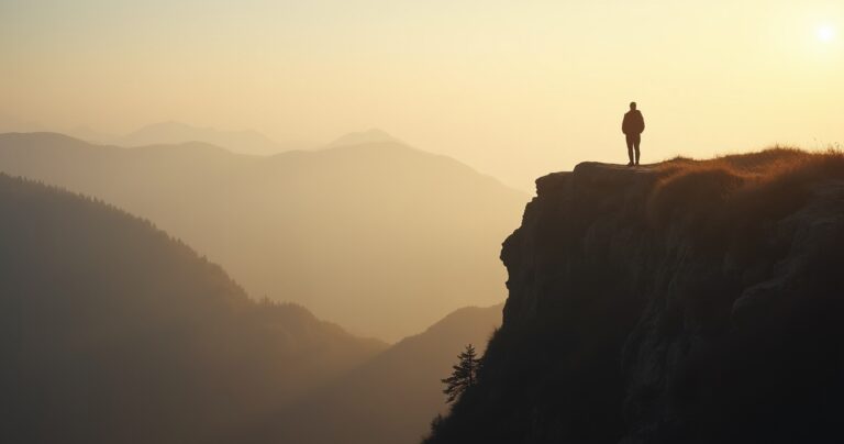 Figure standing at a cliffside trailhead overlook at dawn