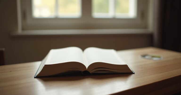 Open book on a wooden desk near a window