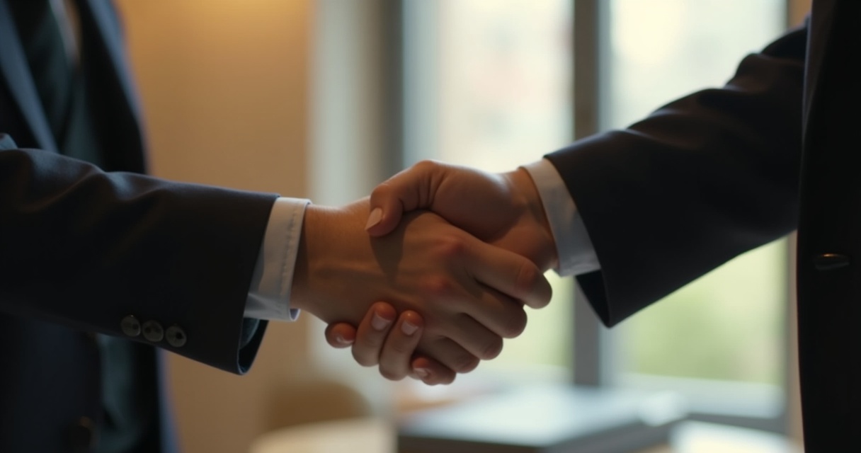 Two hands shaking in an office setting