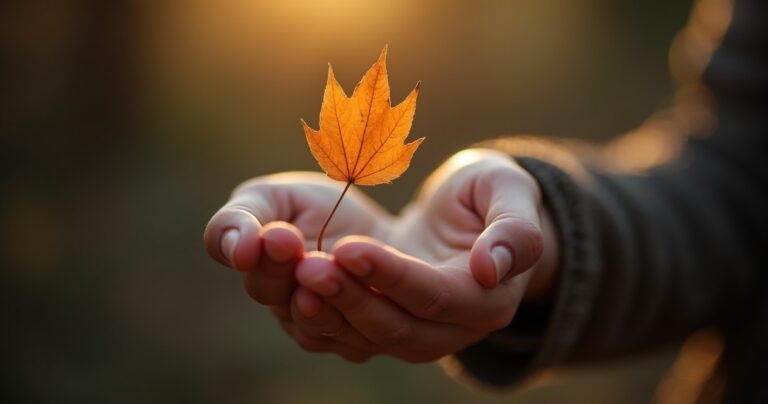 Open hand releasing a dry autumn leaf