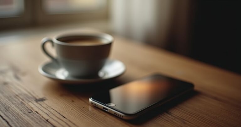 Cup of coffee beside a smartphone on a wooden table