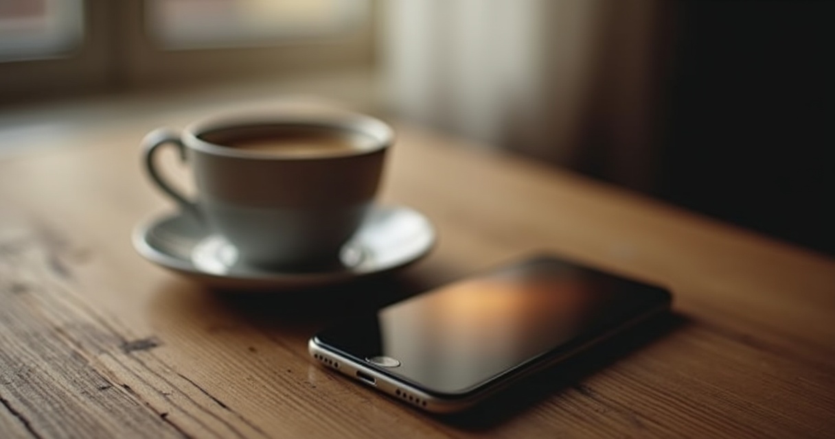 Cup of coffee beside a smartphone on a wooden table