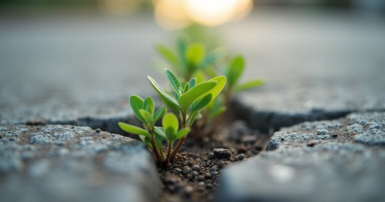 Green plant growing through a crack in concrete