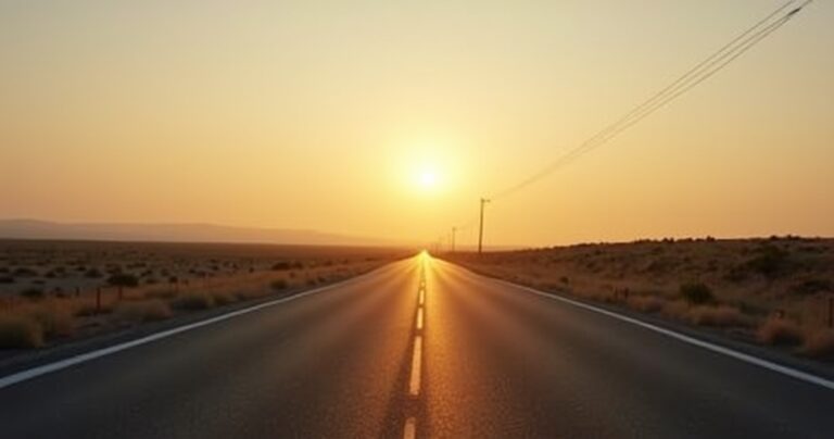 Long straight road stretching to the horizon at sunrise