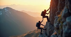 Two climbers on a mountain ridge at sunset, one helping the other up, illustrating the Golden Rule