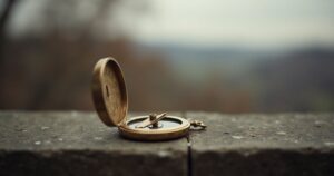 A pocket sundial resting on a stone ledge in soft overcast light