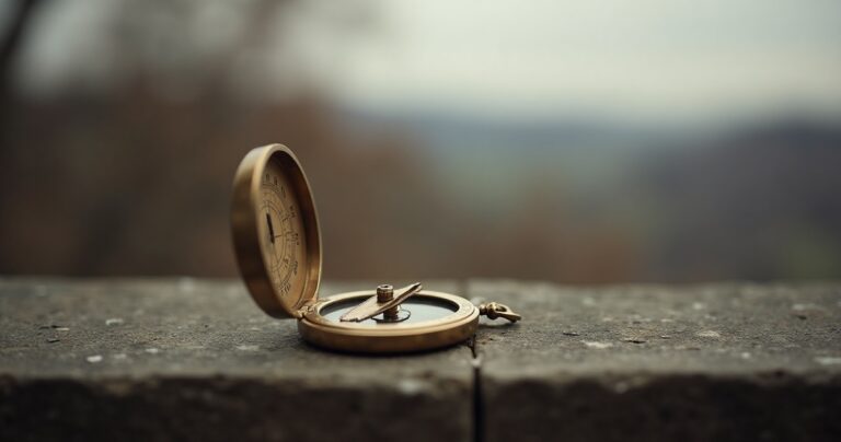 A pocket sundial resting on a stone ledge in soft overcast light