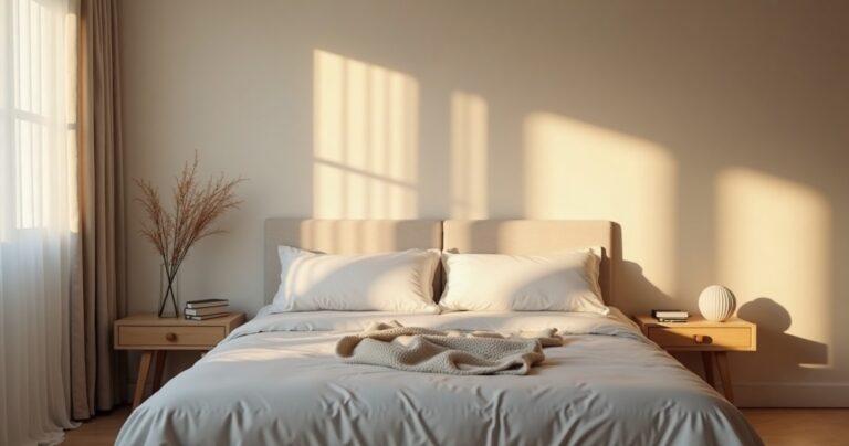 A neatly made bed in a spare, minimalist bedroom at dawn