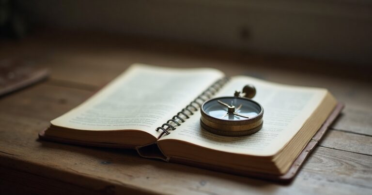 An old compass resting on a worn wooden desk beside an open notebook