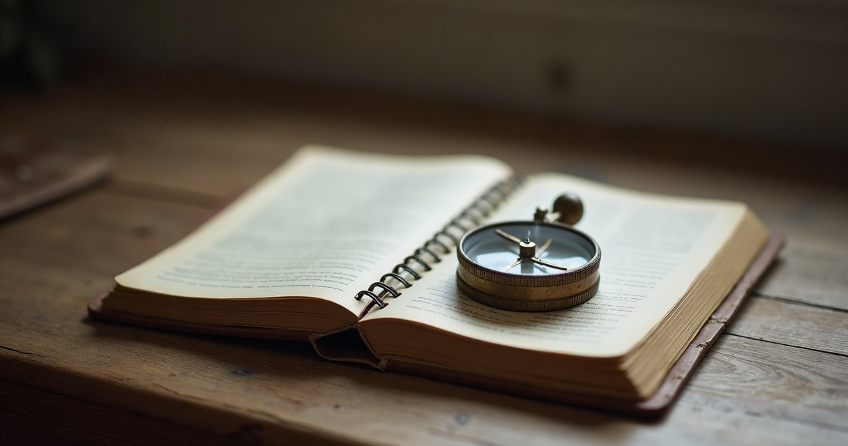 An old compass resting on a worn wooden desk beside an open notebook