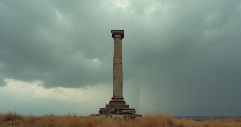 A weathered stone column standing firm against a stormy sky